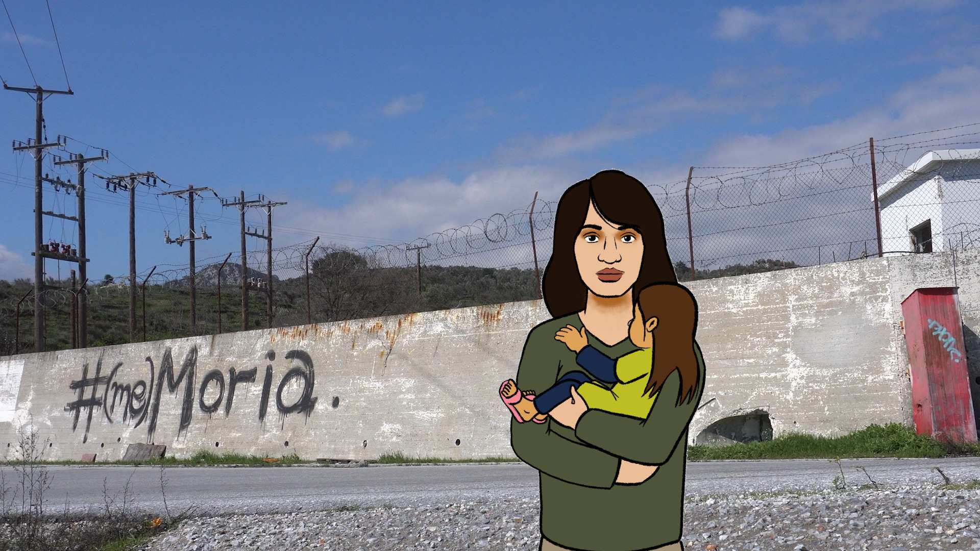  Animation Gamechangerweek Griechenland Mutter mit Kind vor einer Mauer.