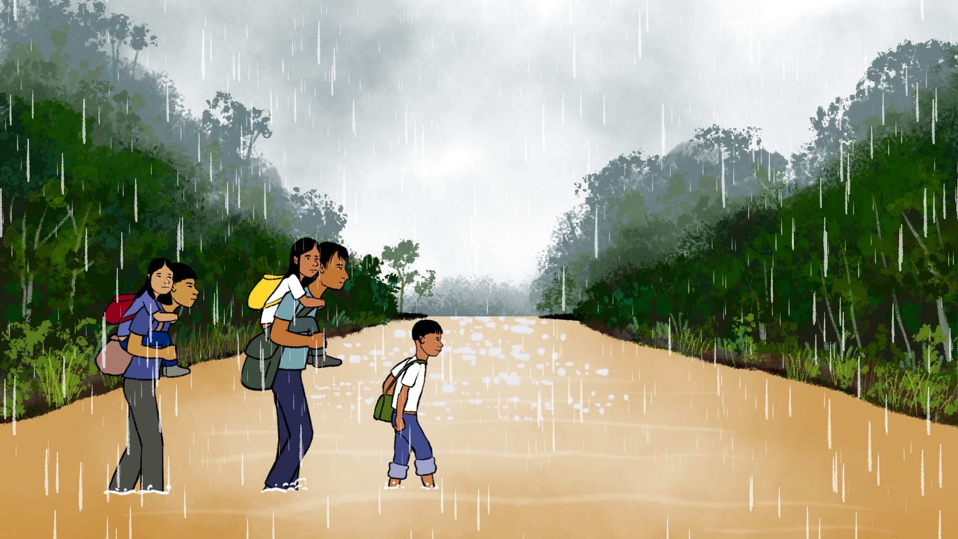 Escape Game Ecuador: Gefährlicher Schulweg - Kinder durchqueren einen Fluss (Illustration)  Escape Game Ecuador: Gefährlicher Schulweg - Kinder durchqueren einen Fluss (Illustration)