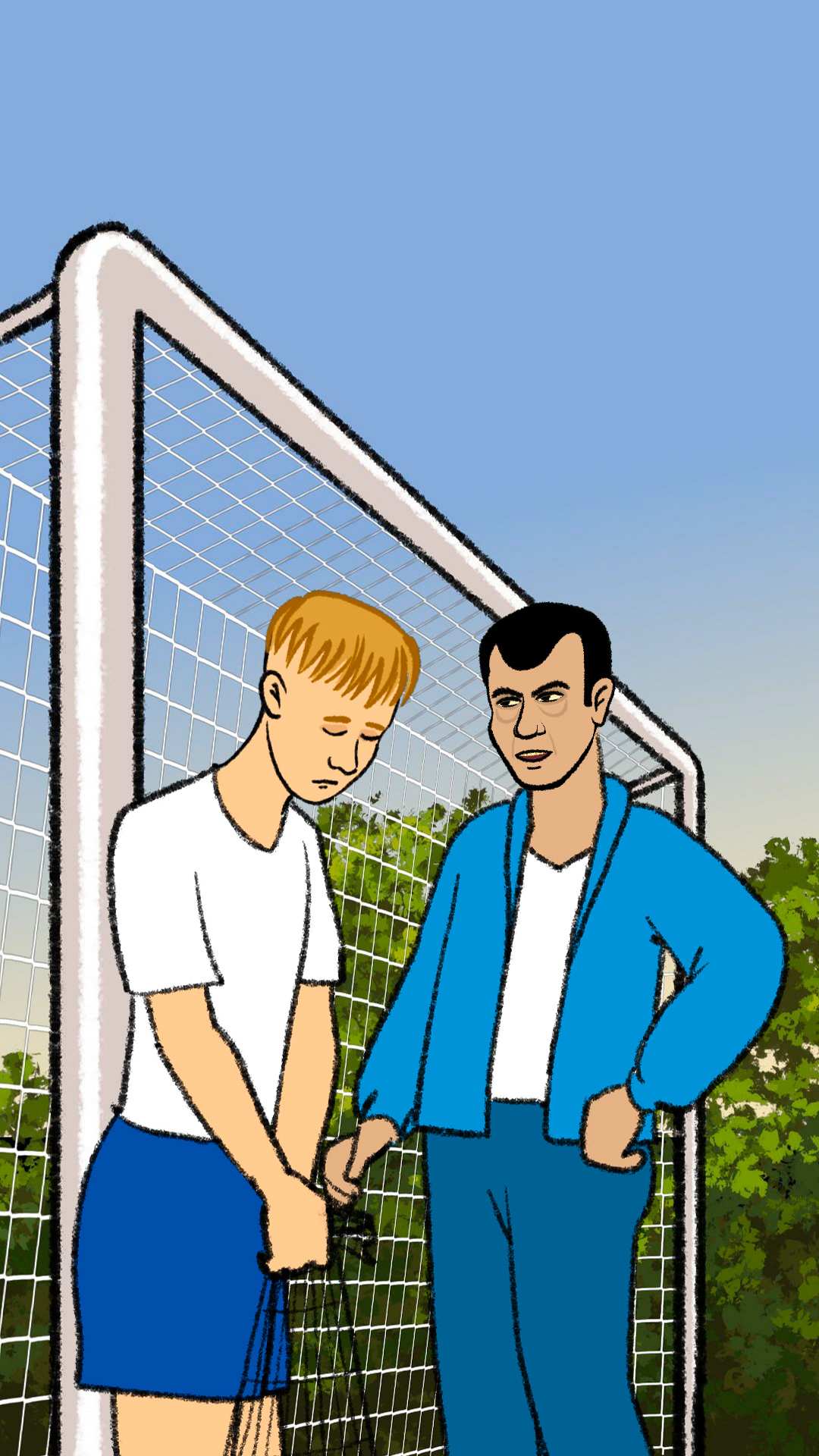 Animiertes Bild von einem Jugendlichen, der traurig auf den Boden schaut und seinem Trainer, der ihn anschreit (Foto: Kindernothilfe)