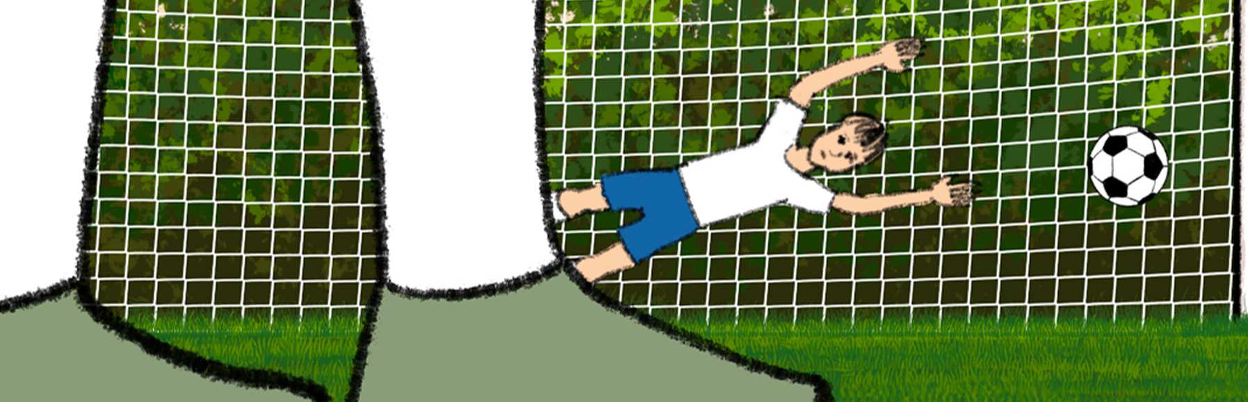 Animiertes Bild von einem Fußball, der ins Tor geschossen wurde und einem Jungen, der im Tor versucht, den Ball aufzuhalten (Foto: Kindernothilfe)