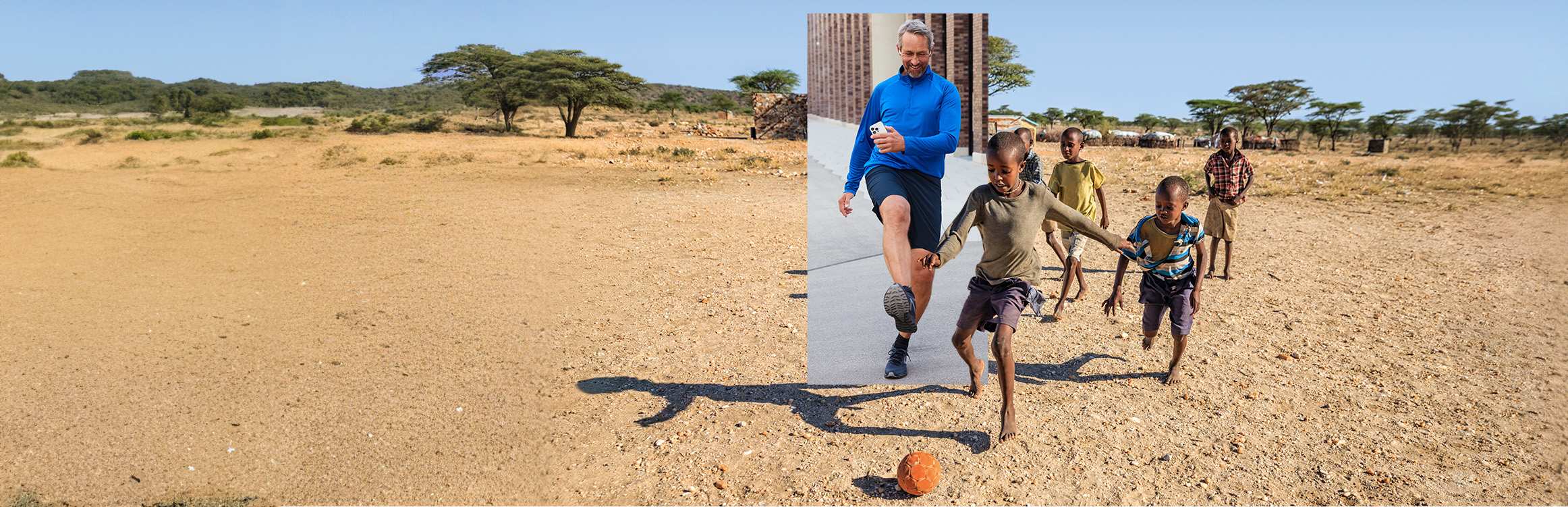 Ein Jogger läuft, Kinder in Afrika spielen Fußball Ein Jogger läuft, Kinder in Afrika spielen Fußball